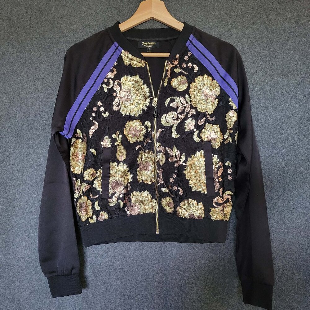 Juicy Couture Black Label Size S Embroidered Floral Sequin Black Bomber Jacket